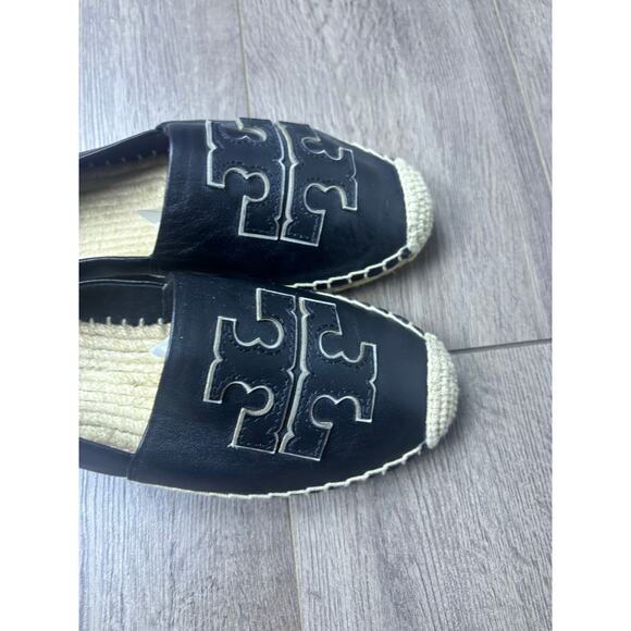 Tory Burch Espadrille Flats Black Leather Logo Size 8.5 Casual Slip On - Picture 3 of 6